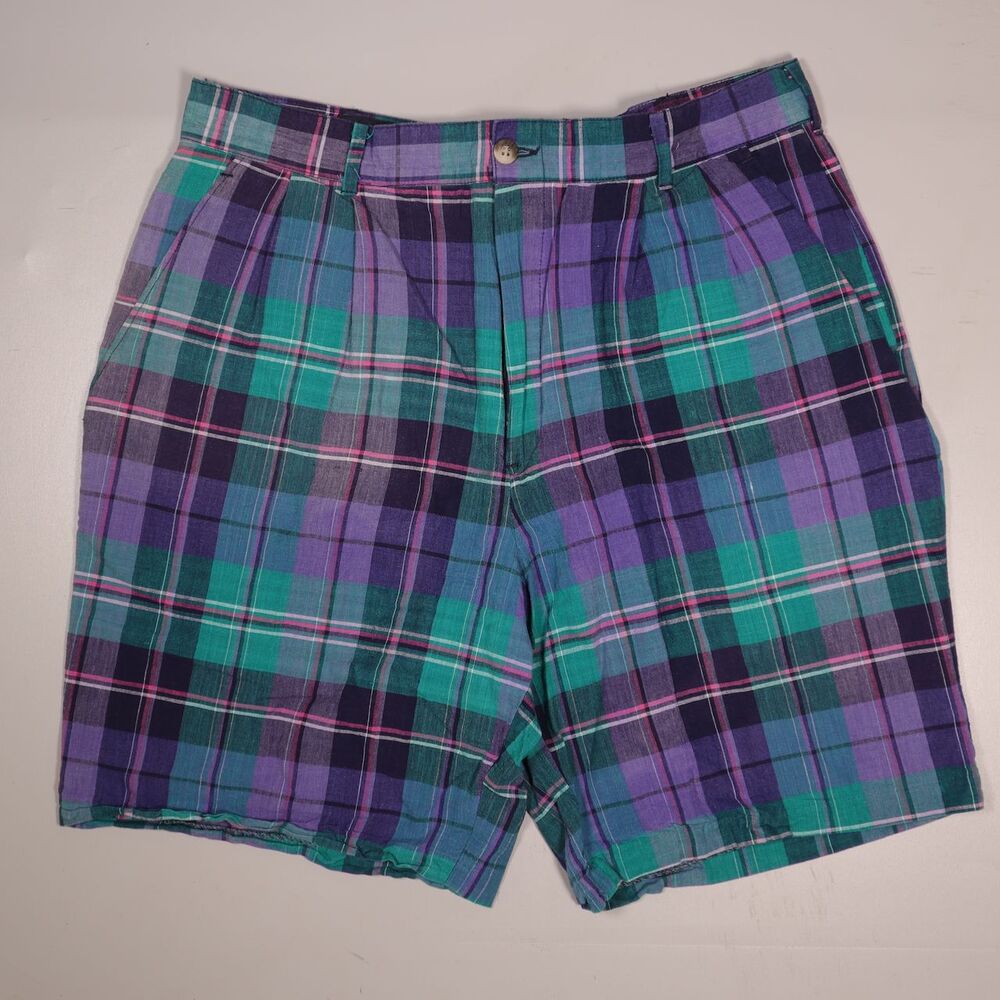 Vintage Lands End Plaid Bermuda Cotton Shorts Made in USA Mens 32 (tag34)